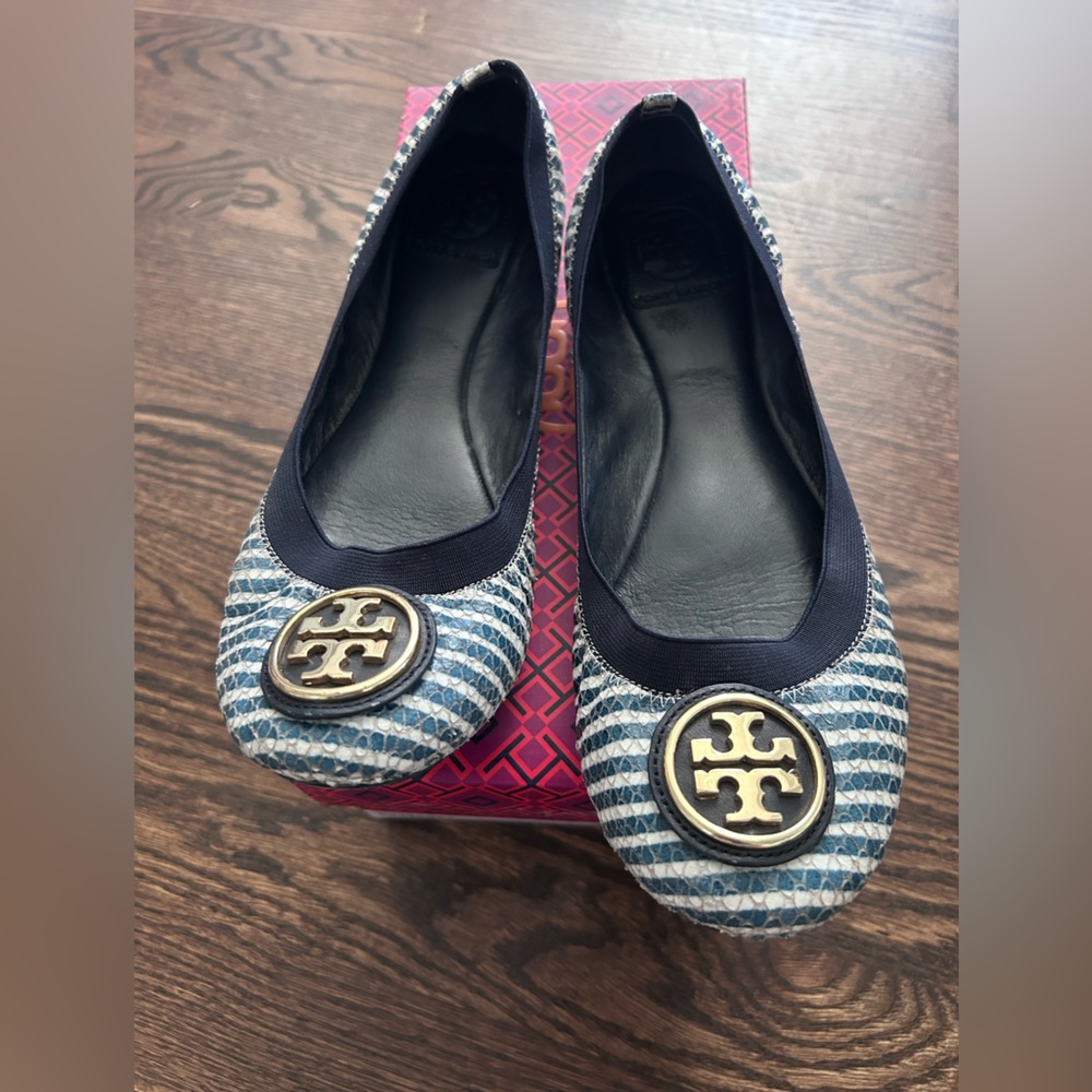 Tory Burch Navy & White Striped Logo Ballet Flats